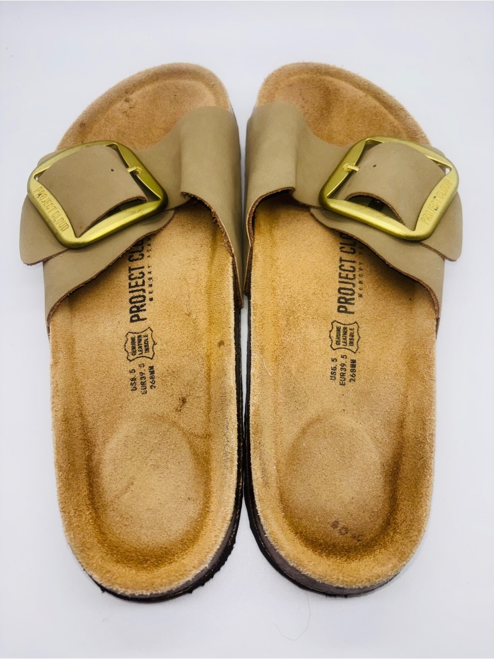 Project Cloud Mykonos Tan Slide Sandals with Gold Buckles size 8.5